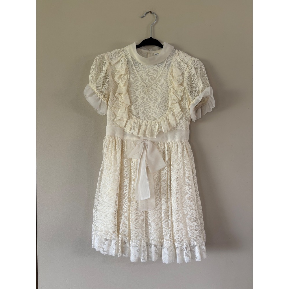 Vintage Hollywood Girls 7 Cream Lace Dress Mock Neck Ruffle Union 1st Communion